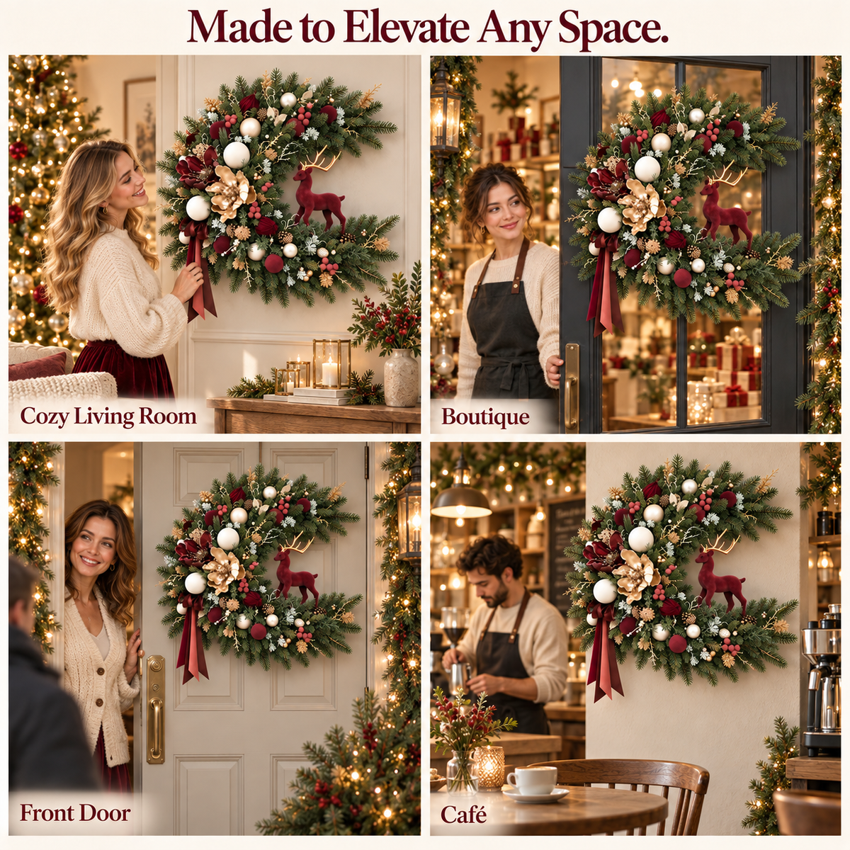 Burgundy Deer Christmas Wreath — Make Your Entrance Unforgettable