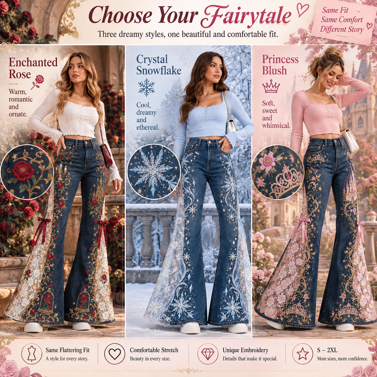 Fairytale Lace Flare Jeans – High-Waisted Embroidered Denim with Romantic Details ✨
