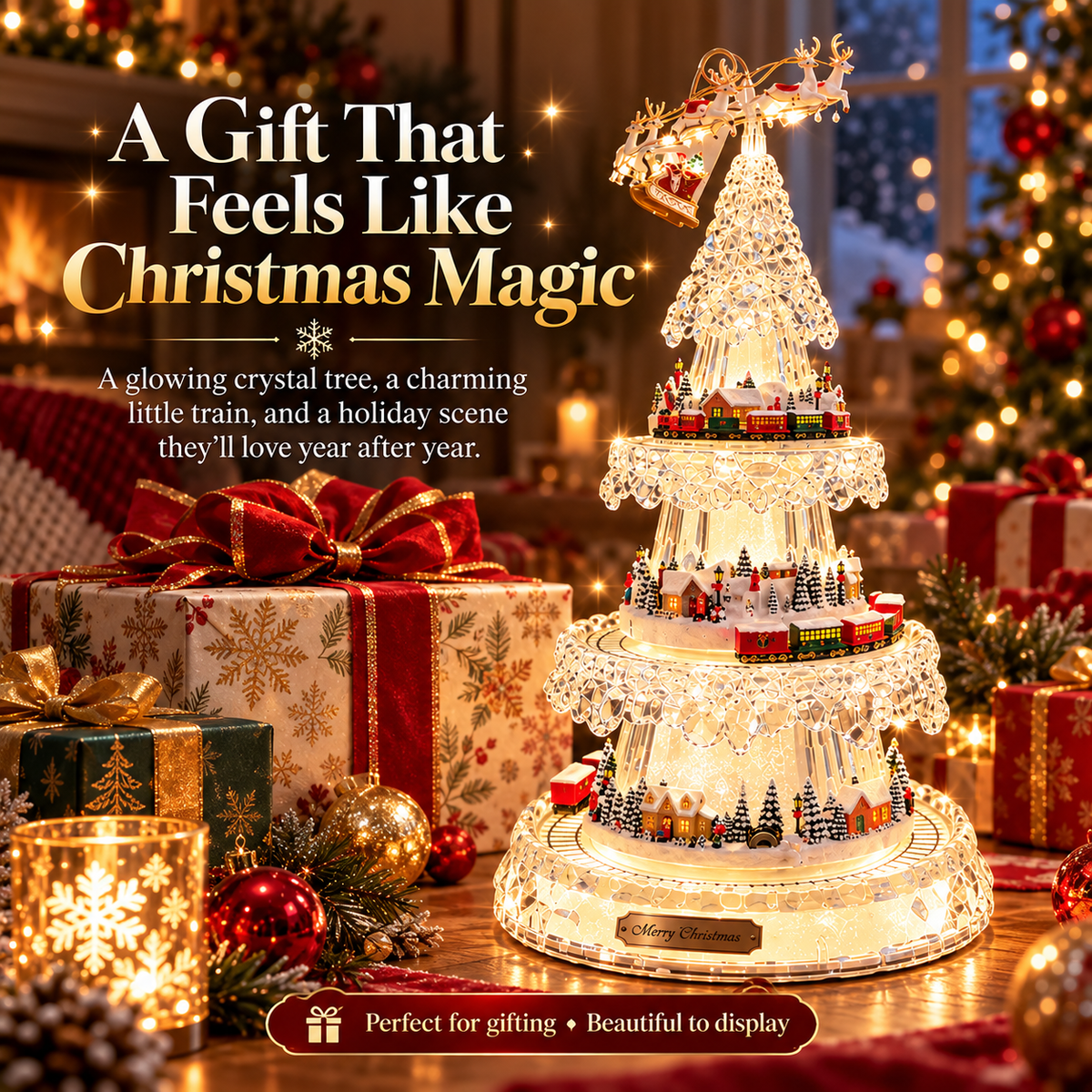 🌲3-Tier Illuminated Acrylic Christmas Tree with Moving Train & Winter Village