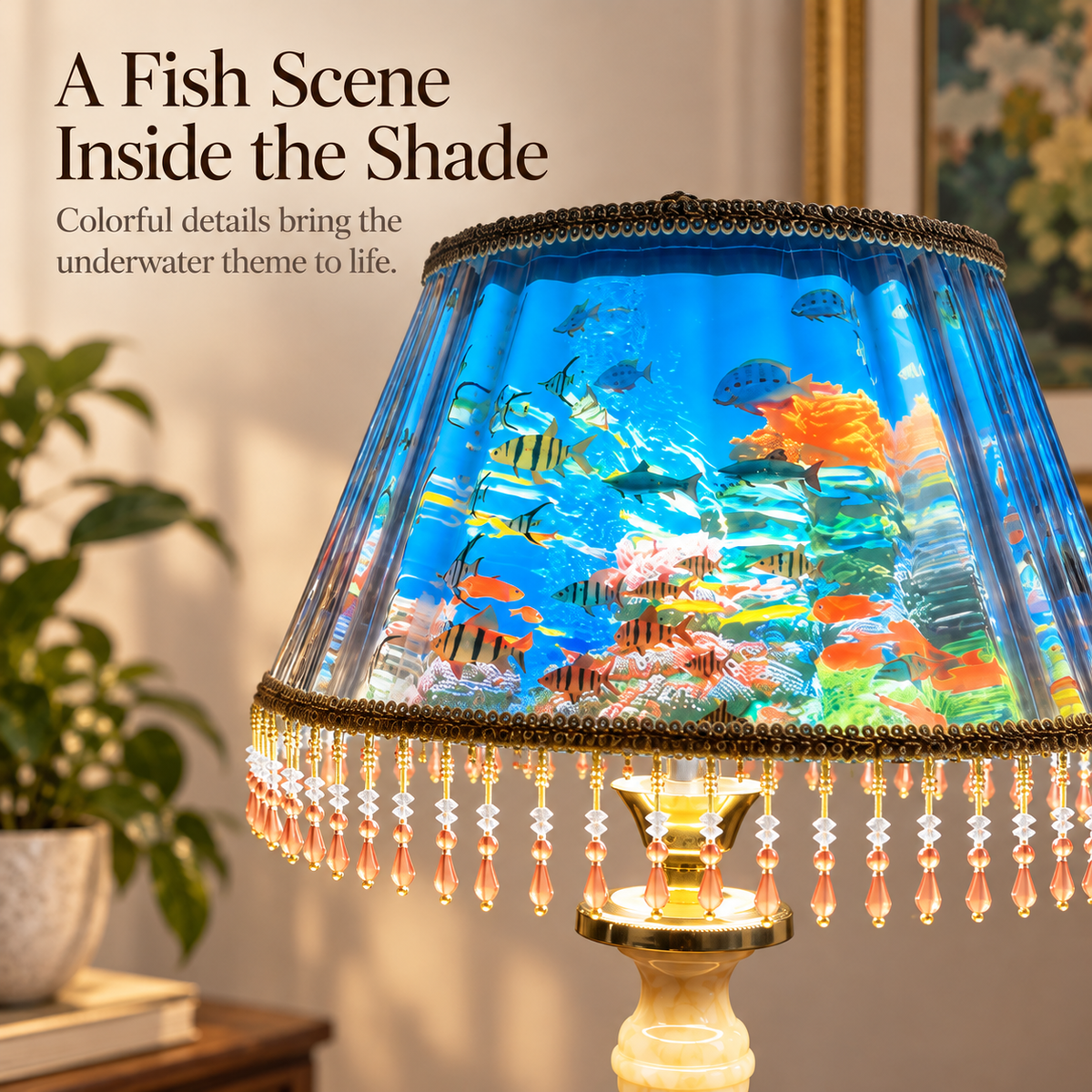 🐠Fishscape Table Lamp – Blue Underwater Scene & Vintage Beaded Fringe