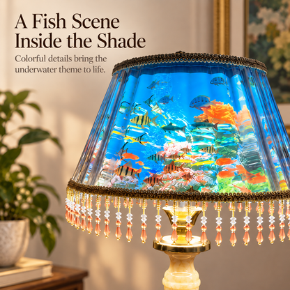 🐠Fishscape Table Lamp – Blue Underwater Scene & Vintage Beaded Fringe