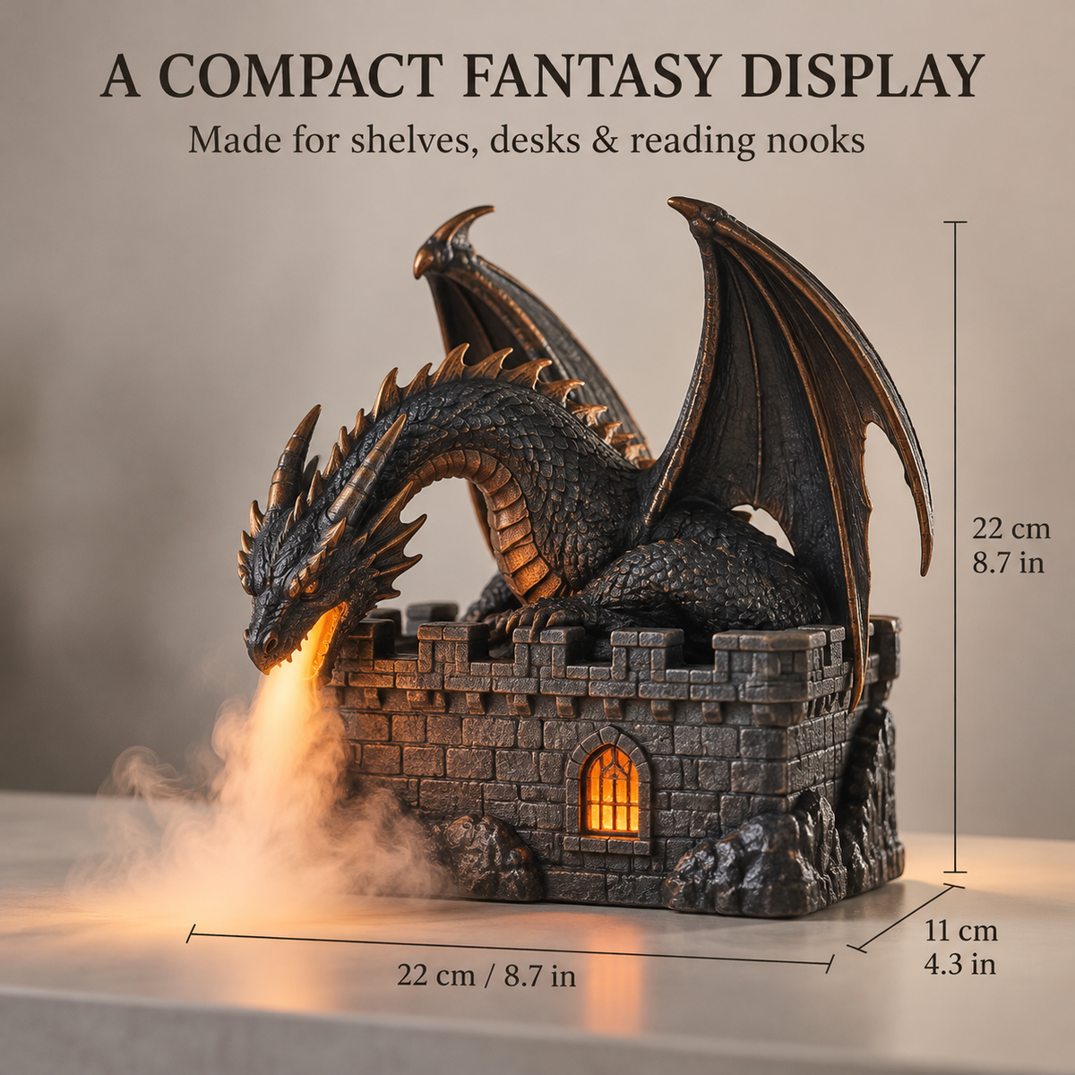 🐉🔥Flame Mist Diffuser – Gothic Castle Decor, Glowing Ember Mist & Fantasy Bookshelf Display