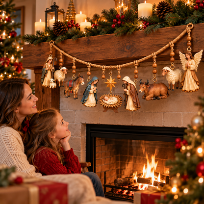 🎄 Christmas Nativity Hanging Garland – 3D Holy Family & Manger Scene, Rustic Fireplace Mantel Decor ✨