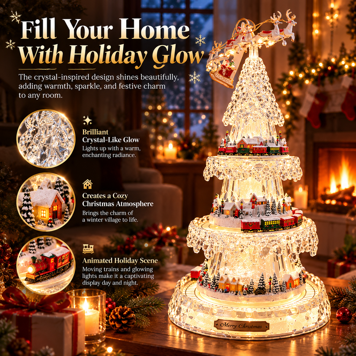 🌲3-Tier Illuminated Acrylic Christmas Tree with Moving Train & Winter Village
