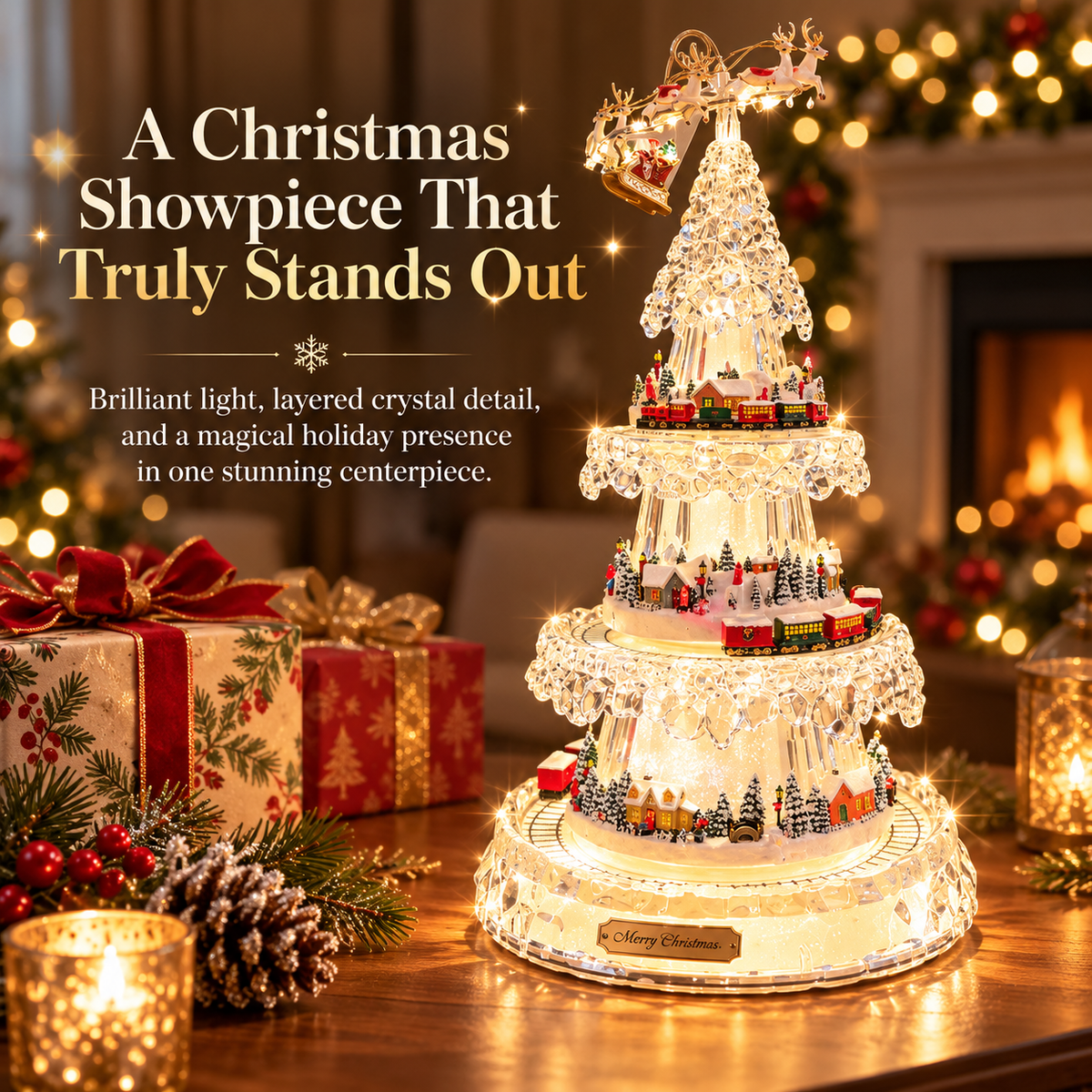 🌲3-Tier Illuminated Acrylic Christmas Tree with Moving Train & Winter Village