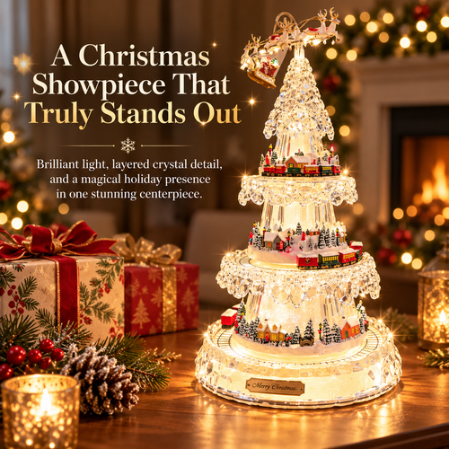🌲3-Tier Illuminated Acrylic Christmas Tree with Moving Train & Winter Village