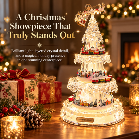🌲3-Tier Illuminated Acrylic Christmas Tree with Moving Train & Winter Village
