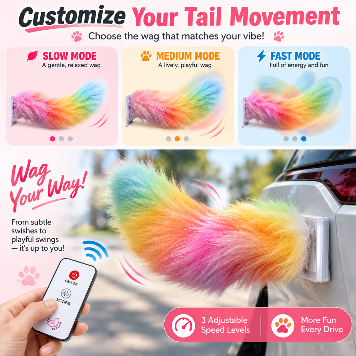 Interactive Wagging Car Tail – The Fun, Fluffy Tail That Brings Your Ride to Life! 🌈