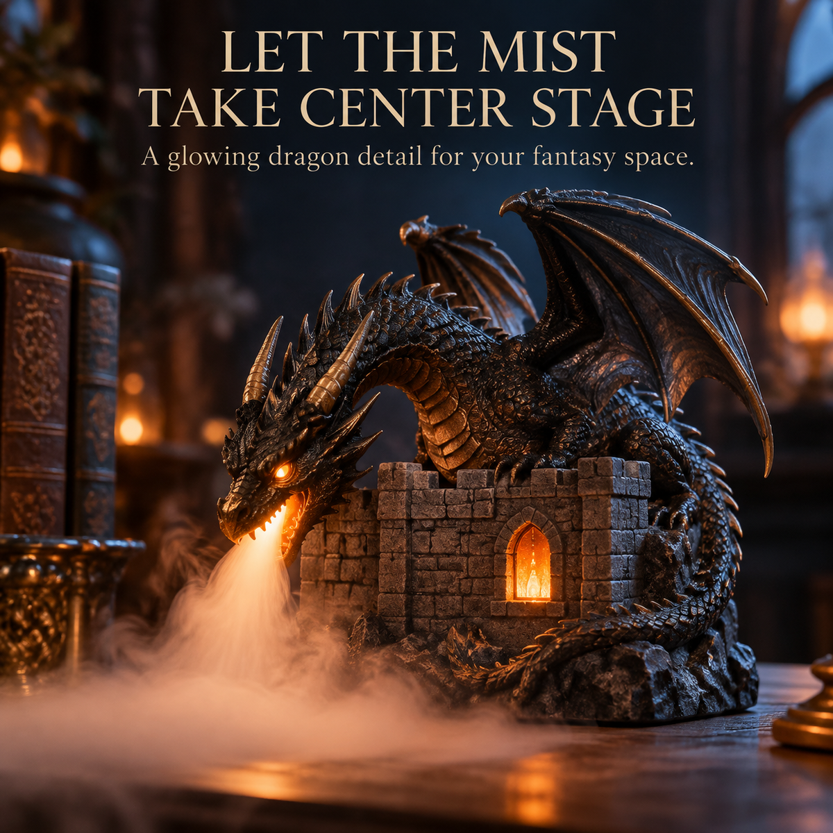🐉🔥Flame Mist Diffuser – Gothic Castle Decor, Glowing Ember Mist & Fantasy Bookshelf Display