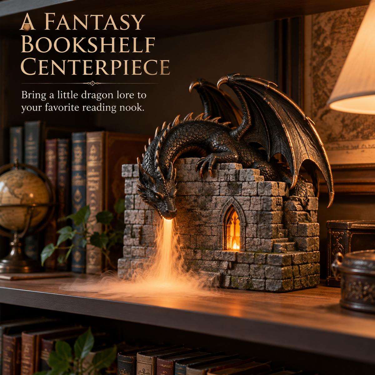 🐉🔥Flame Mist Diffuser – Gothic Castle Decor, Glowing Ember Mist & Fantasy Bookshelf Display