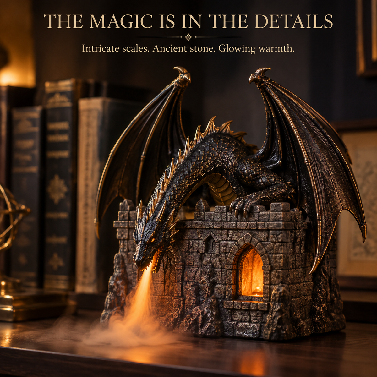 🐉🔥Flame Mist Diffuser – Gothic Castle Decor, Glowing Ember Mist & Fantasy Bookshelf Display