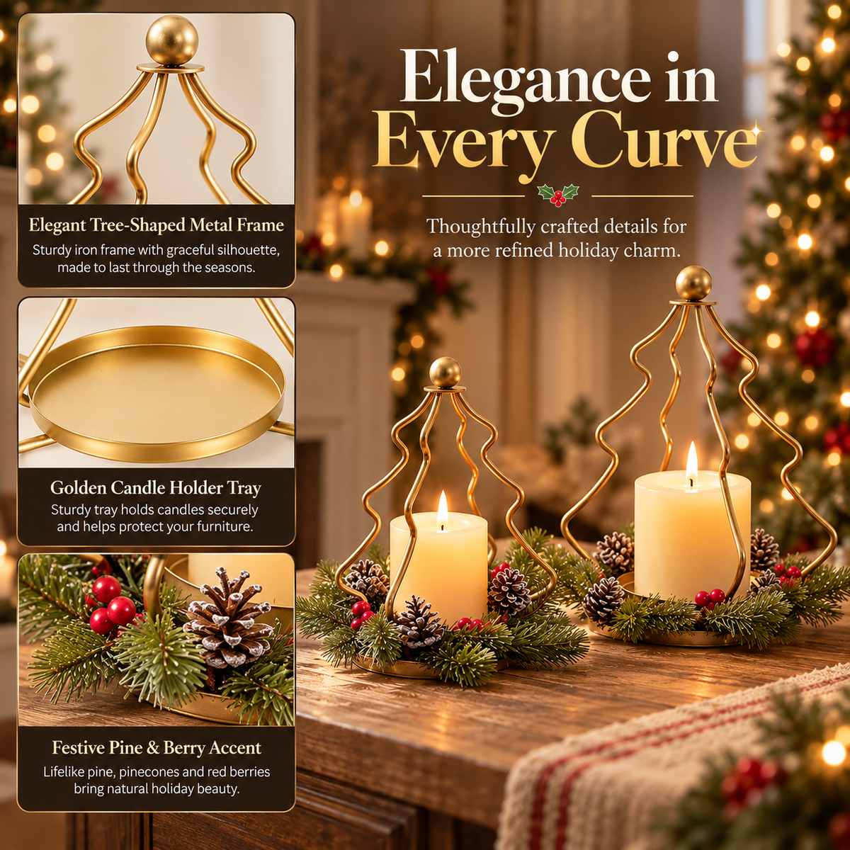 ✨Golden Christmas Tree Candle Holders（Set of 2）– Elegant Holiday Mantel & Table Décor 🎄