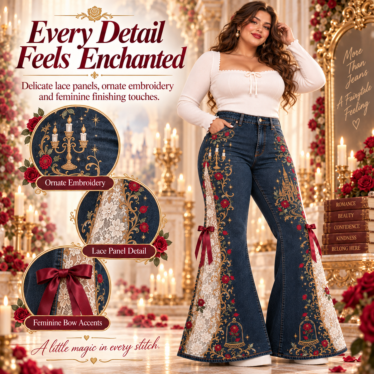 Fairytale Lace Flare Jeans – High-Waisted Embroidered Denim with Romantic Details ✨