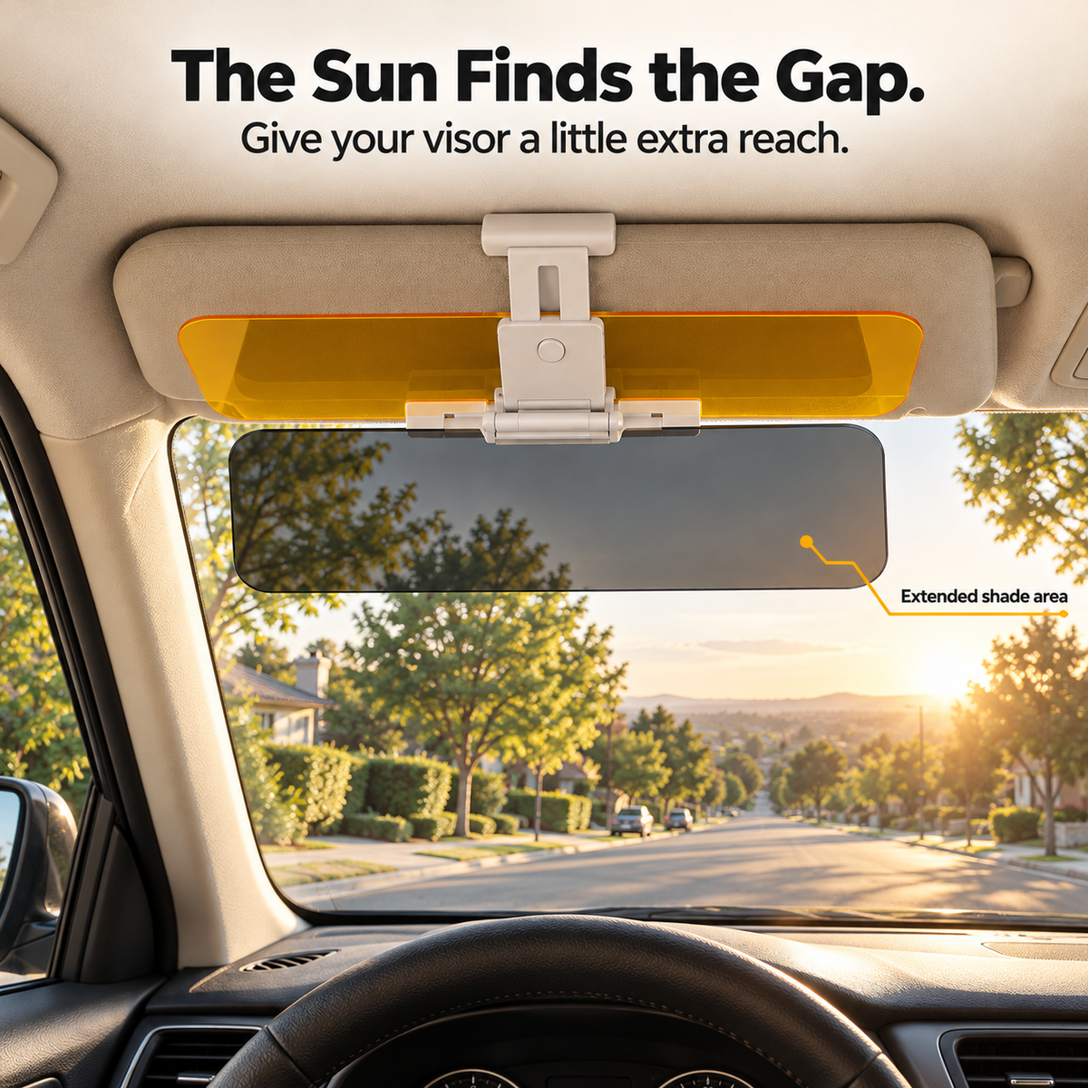 Clip-On Car Sun Visor Extender – Adjustable Fit & Fold-Away Tinted Panels