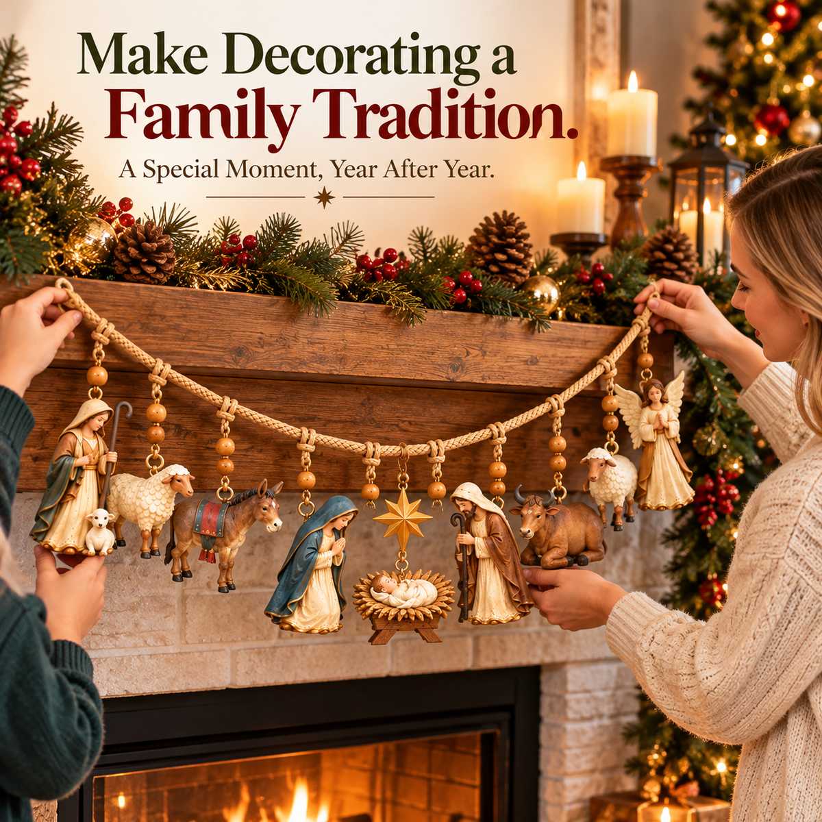 🎄 Christmas Nativity Hanging Garland – 3D Holy Family & Manger Scene, Rustic Fireplace Mantel Decor ✨