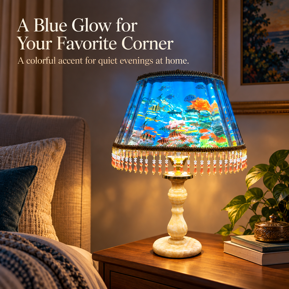 🐠Fishscape Table Lamp – Blue Underwater Scene & Vintage Beaded Fringe