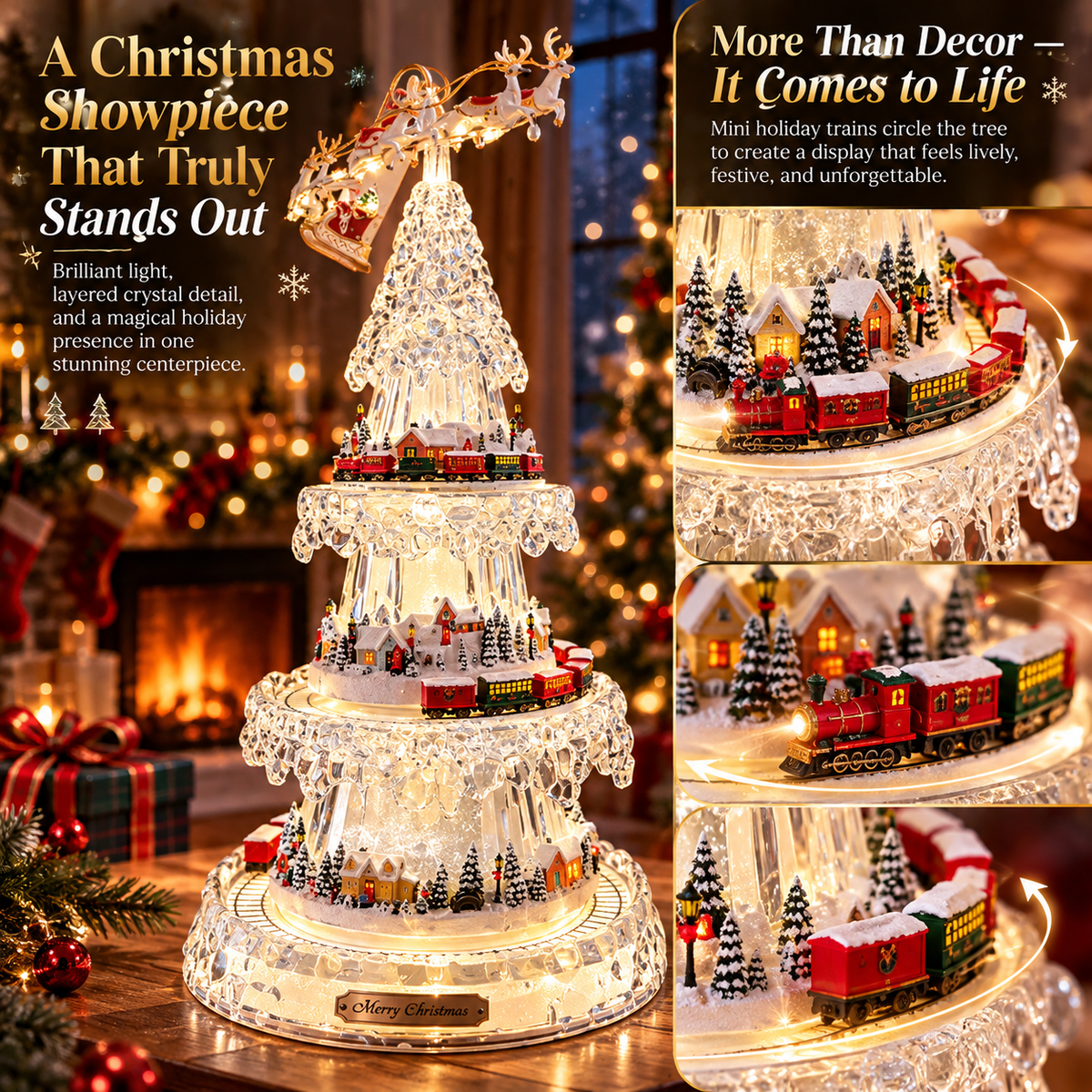 🌲3-Tier Illuminated Acrylic Christmas Tree with Moving Train & Winter Village