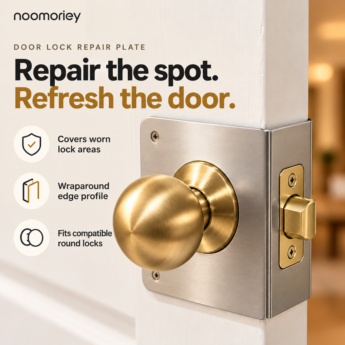 Silver wraparound lock repair plate on white door with gold door knob