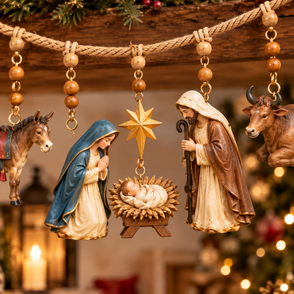 🎄 Christmas Nativity Hanging Garland – 3D Holy Family & Manger Scene, Rustic Fireplace Mantel Decor ✨