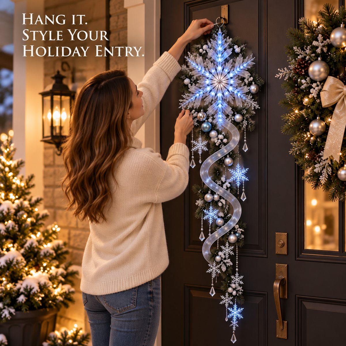 Lighted Snowflake Christmas Door Hanger – Holiday Entryway Decor