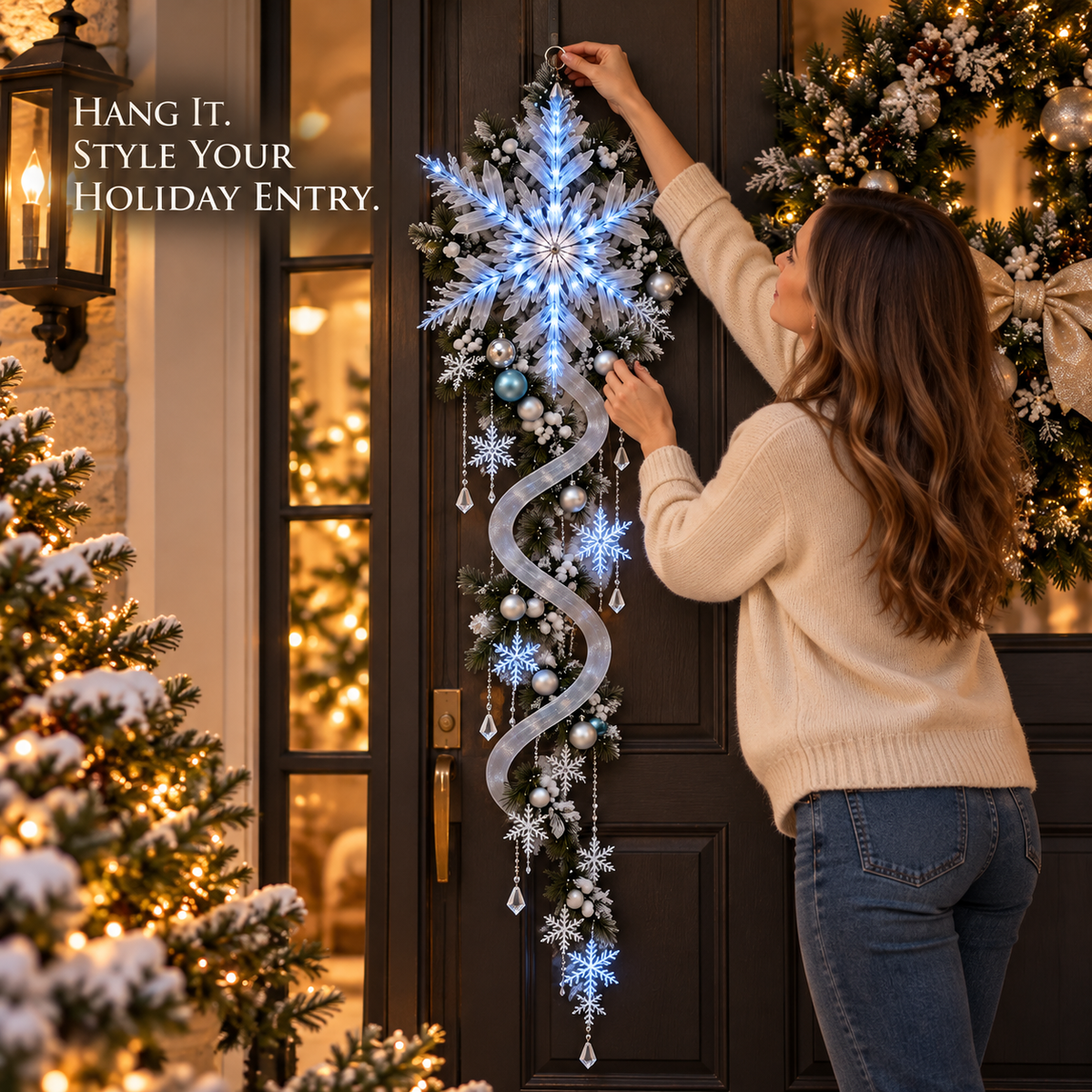 Lighted Snowflake Christmas Door Hanger – Holiday Entryway Decor