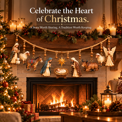 🎄 Christmas Nativity Hanging Garland – 3D Holy Family & Manger Scene, Rustic Fireplace Mantel Decor ✨