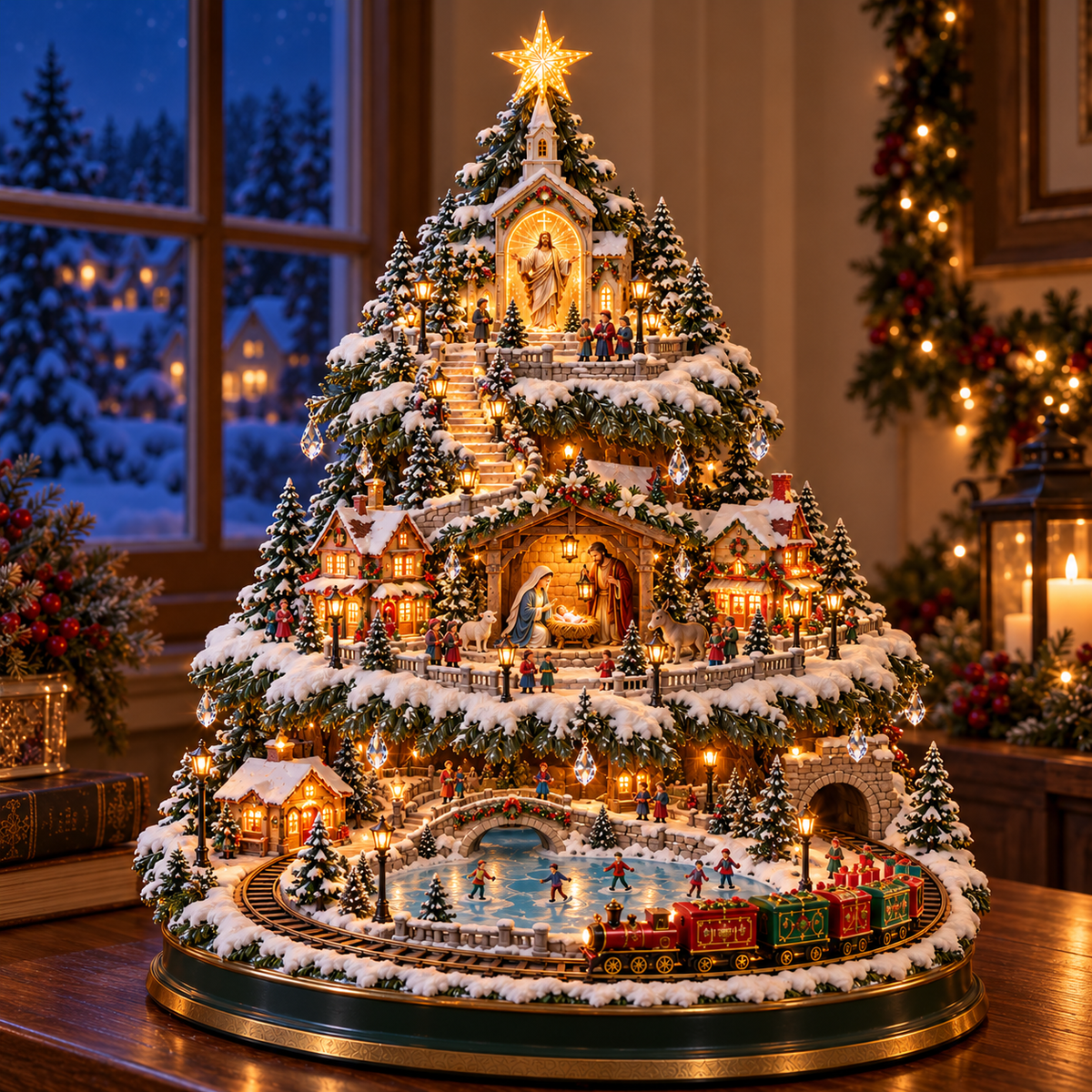 ✨LAST DAY 49% ✨OFF Lighted Christmas Village Tree with Train & Carousel