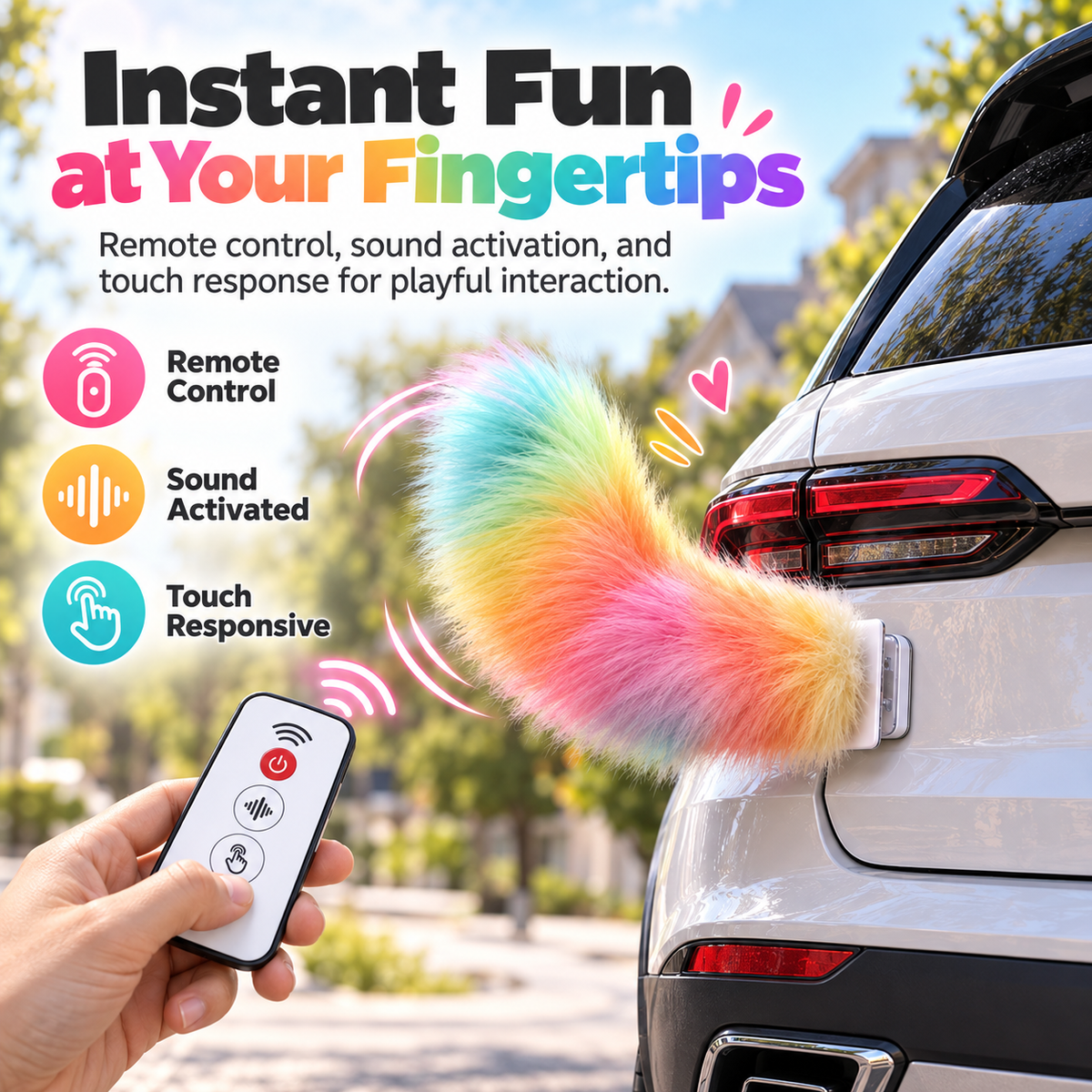 Interactive Wagging Car Tail – The Fun, Fluffy Tail That Brings Your Ride to Life! 🌈