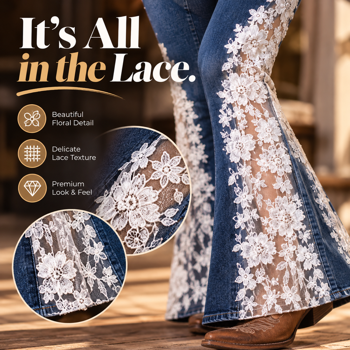🤠 Western Floral Lace Flare Jeans ✨ Vintage Cowgirl Charm
