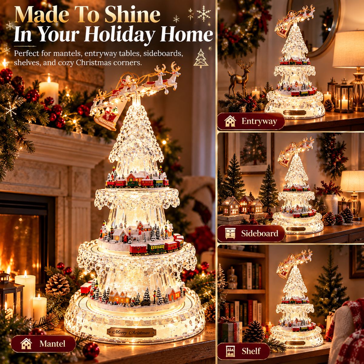 🌲3-Tier Illuminated Acrylic Christmas Tree with Moving Train & Winter Village