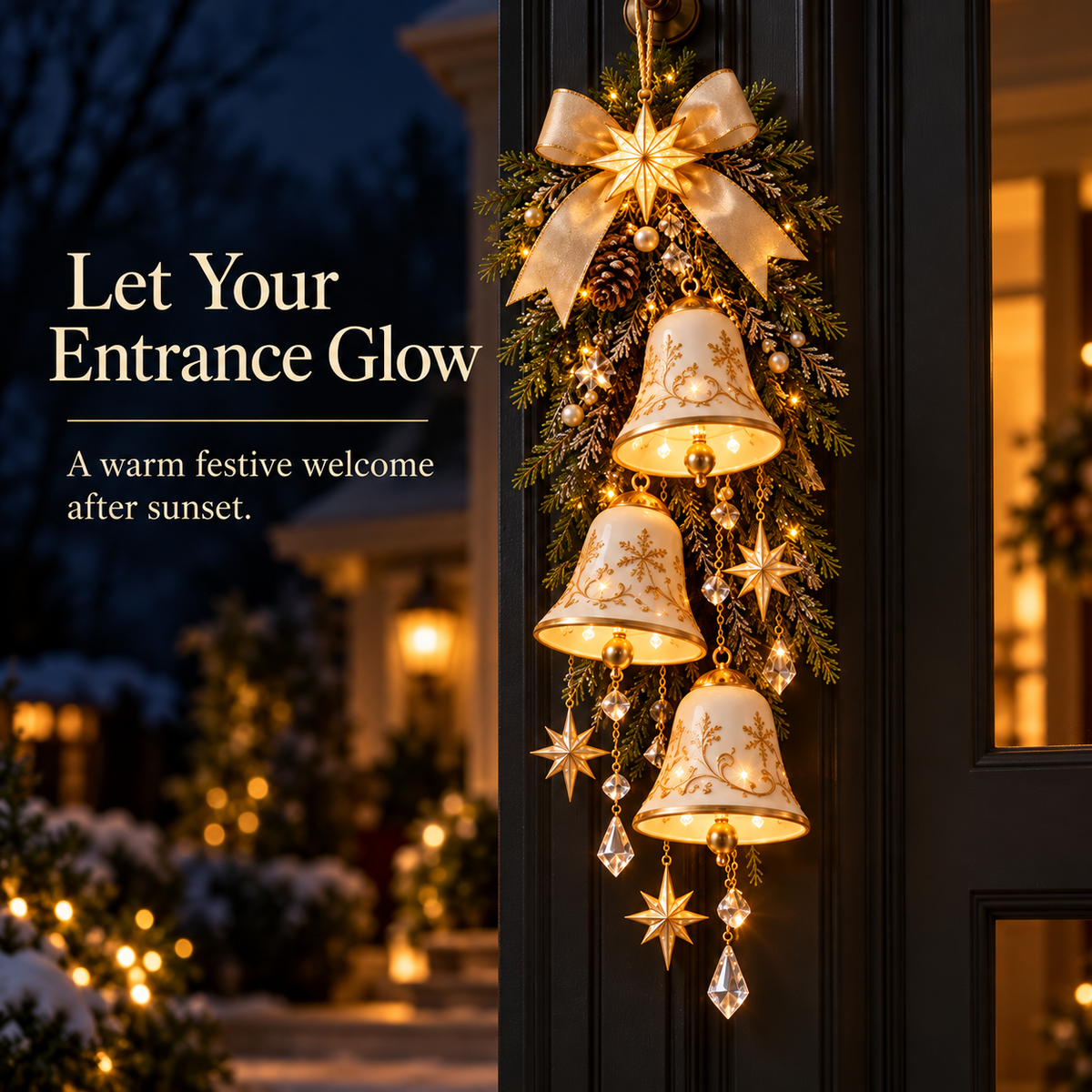 Golden Bell Blessing Cascade™ – Illuminated Christmas Door Decoration