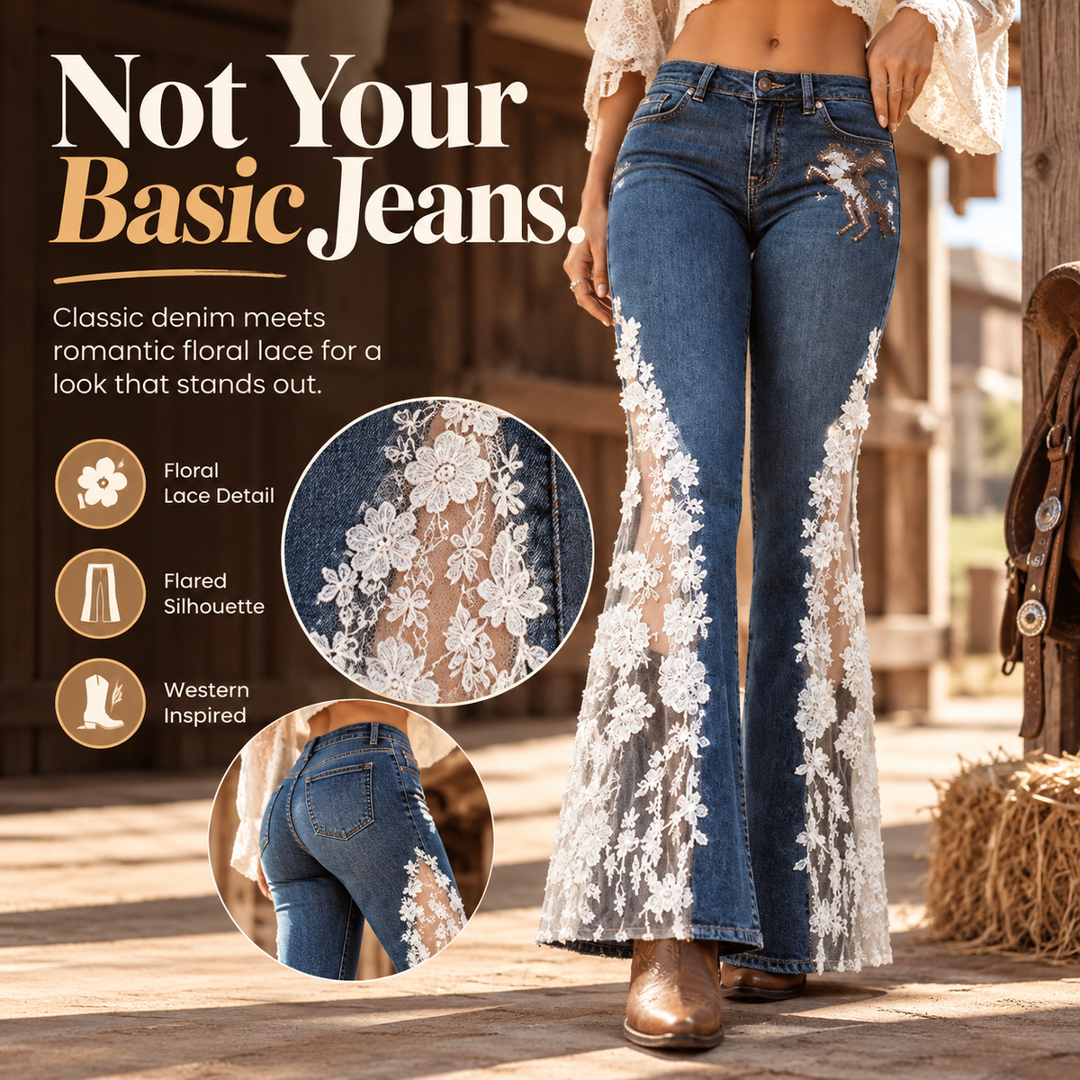 🤠 Western Floral Lace Flare Jeans ✨ Vintage Cowgirl Charm