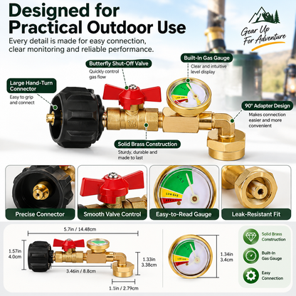 Propane Tank Refill Adapter with Gauge – Solid Brass, Shut-Off Valve & Easy-Connect Design