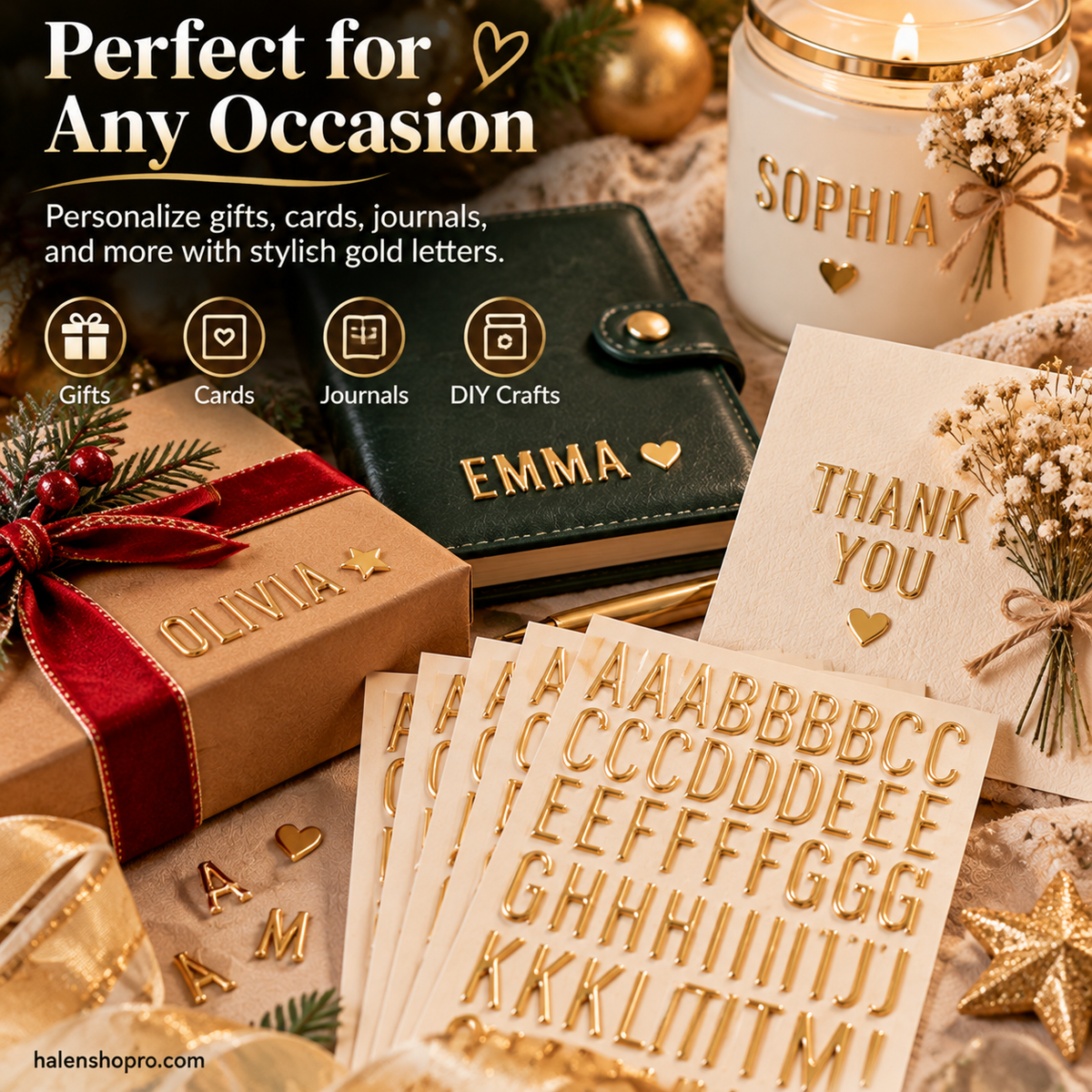 3D Gold-Foiled Alphabet Bubble Stickers for DIY Projects