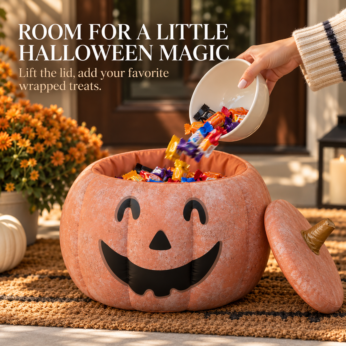 ✨Inflatable Jack-o’-Lantern Candy Bowl with Removable Lid – 🎃Halloween Pumpkin Treat Holder