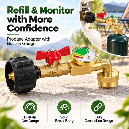 Propane Tank Refill Adapter with Gauge – Solid Brass, Shut-Off Valve & Easy-Connect Design