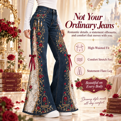 Fairytale Lace Flare Jeans – High-Waisted Embroidered Denim with Romantic Details ✨