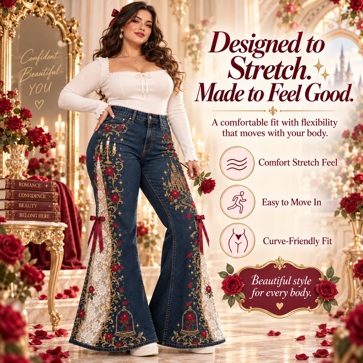 Fairytale Lace Flare Jeans – High-Waisted Embroidered Denim with Romantic Details ✨
