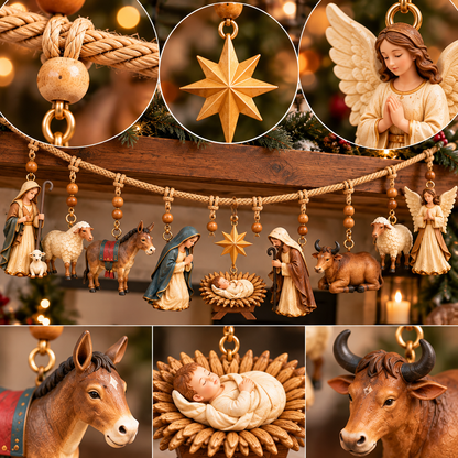 🎄 Christmas Nativity Hanging Garland – 3D Holy Family & Manger Scene, Rustic Fireplace Mantel Decor ✨