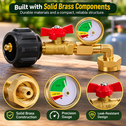 Propane Tank Refill Adapter with Gauge – Solid Brass, Shut-Off Valve & Easy-Connect Design