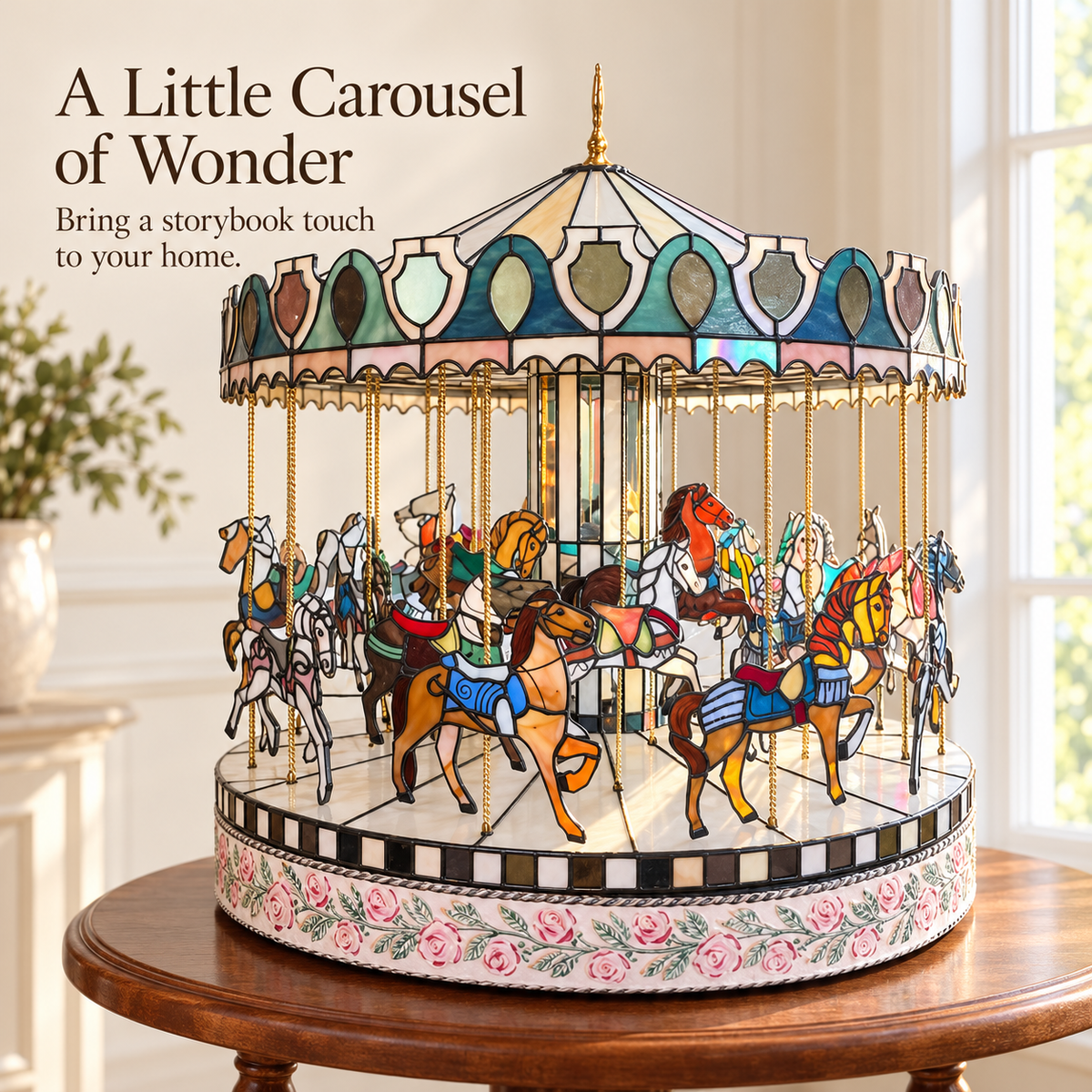 Storybook Carousel of Wonder – Rotating Horse Tabletop Décor