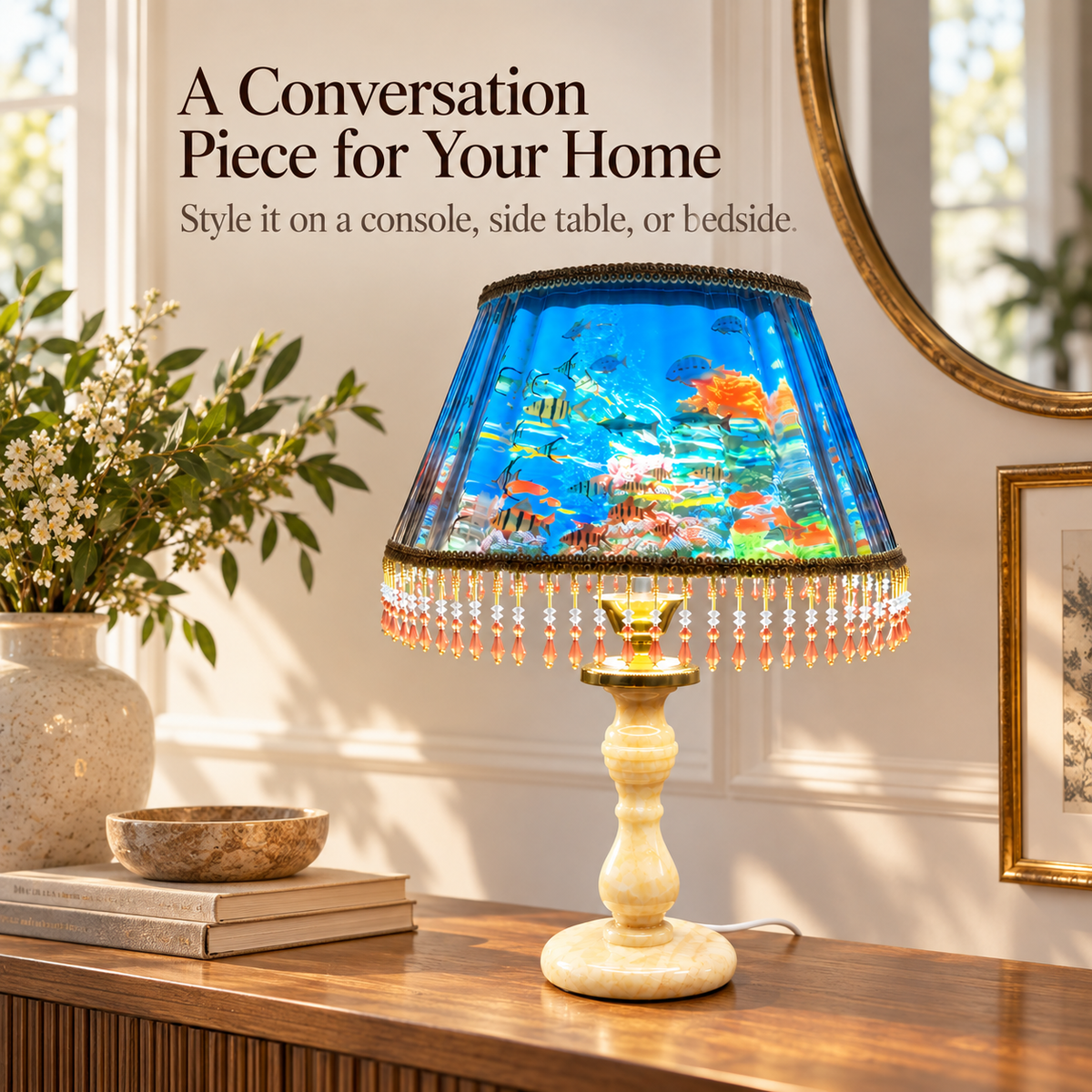 🐠Fishscape Table Lamp – Blue Underwater Scene & Vintage Beaded Fringe