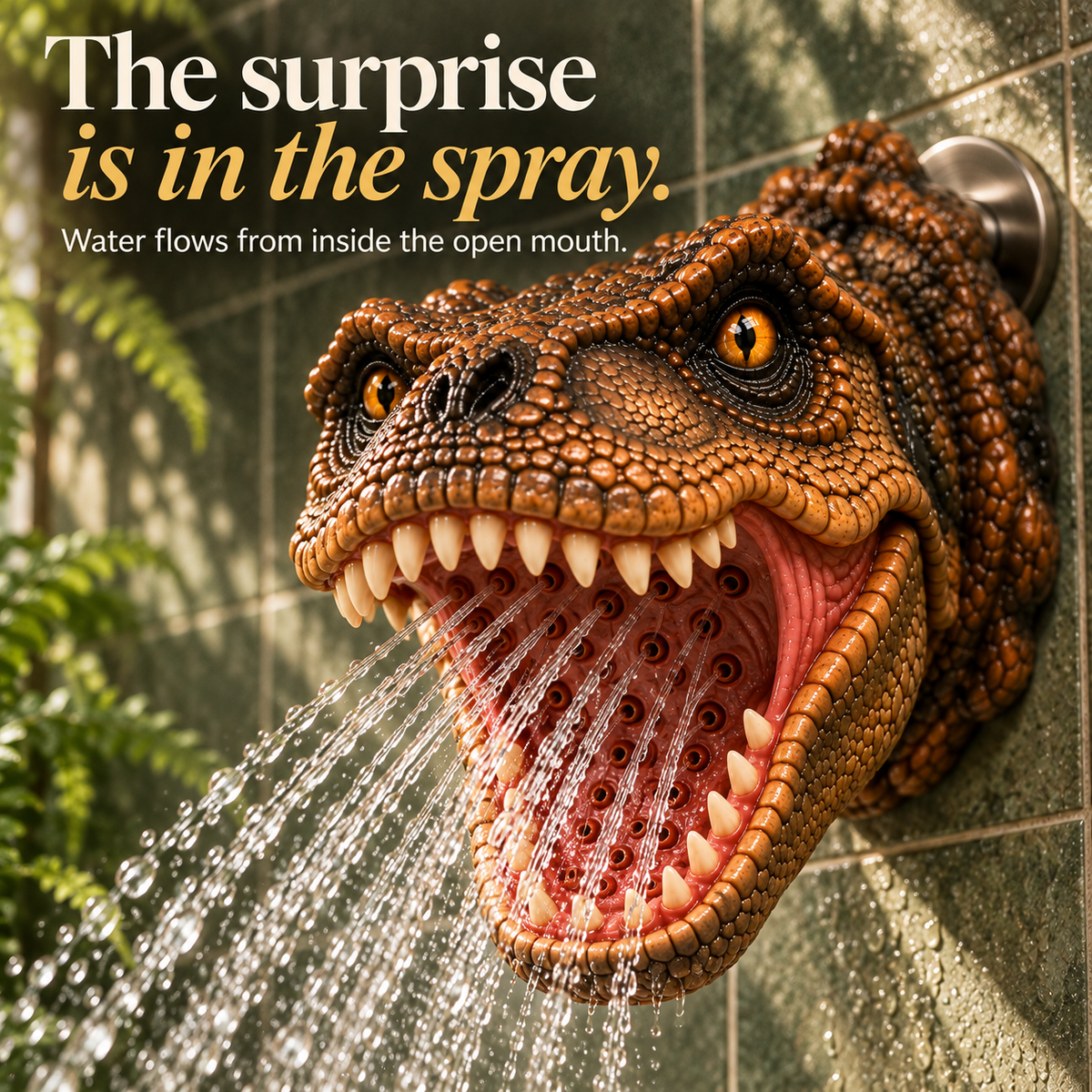 Water spraying from the open mouth of a T-Rex shower head
