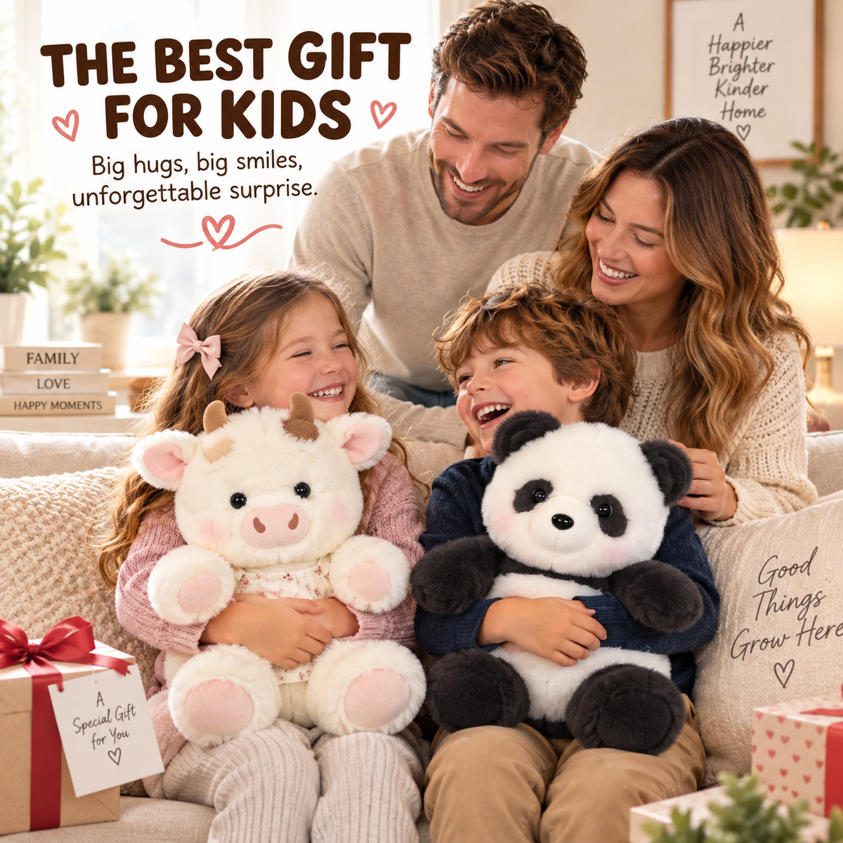Family gifting oversized animal plush toys