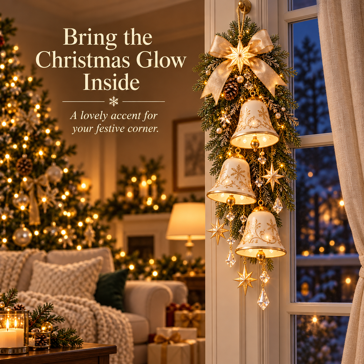 Golden Bell Blessing Cascade™ – Illuminated Christmas Door Decoration