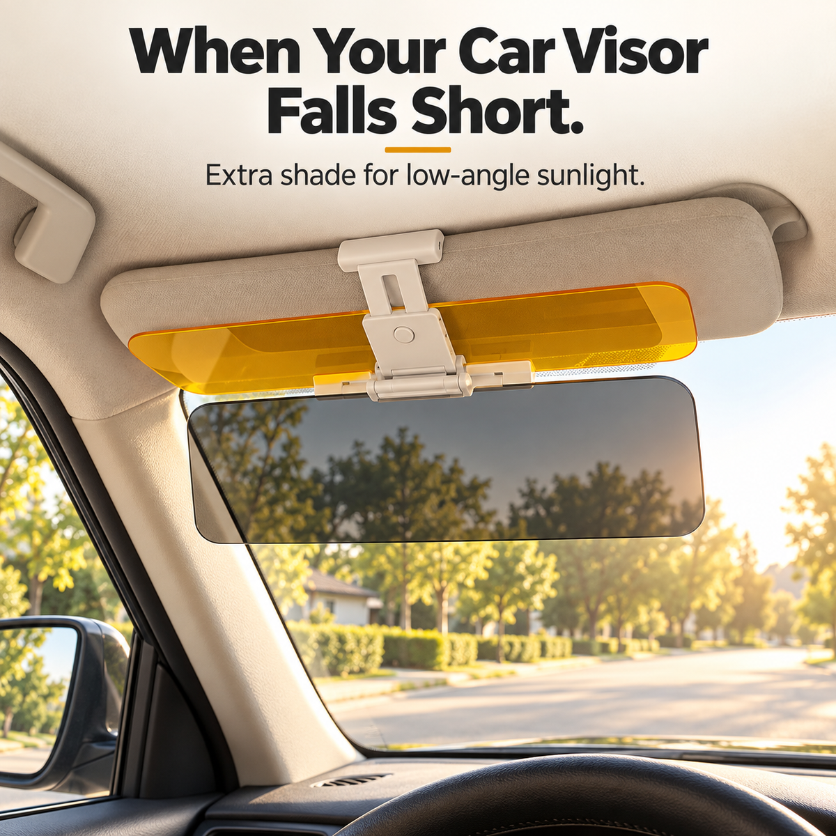 Clip-On Car Sun Visor Extender – Adjustable Fit & Fold-Away Tinted Panels