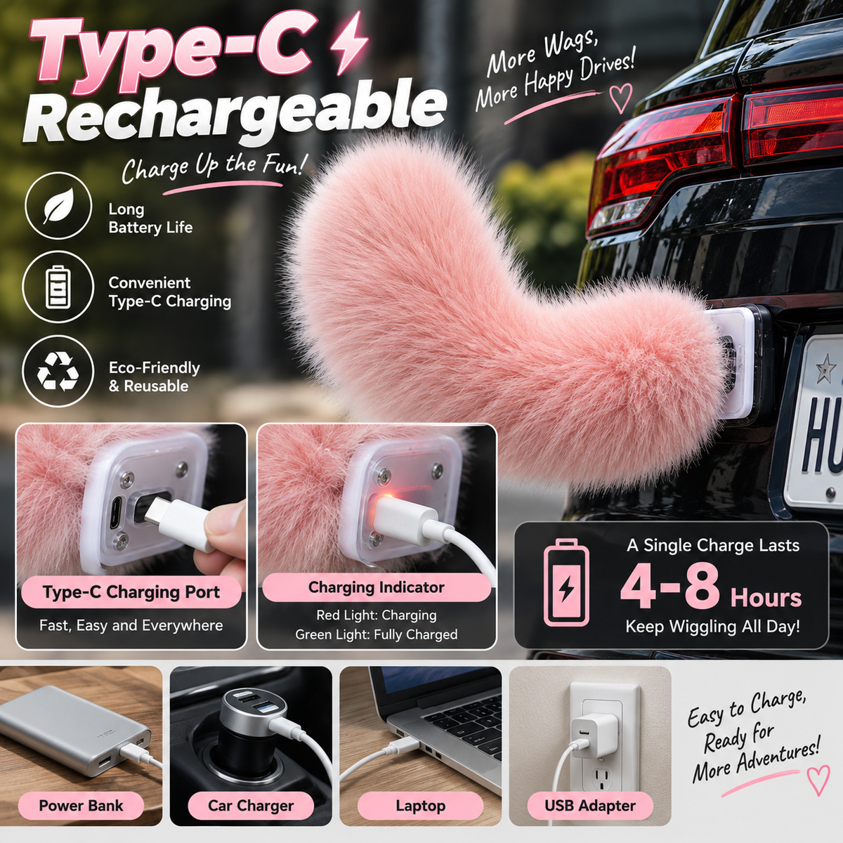 🪶🚗Interactive Wagging Car Tail – Rechargeable Fluffy Car Accessory