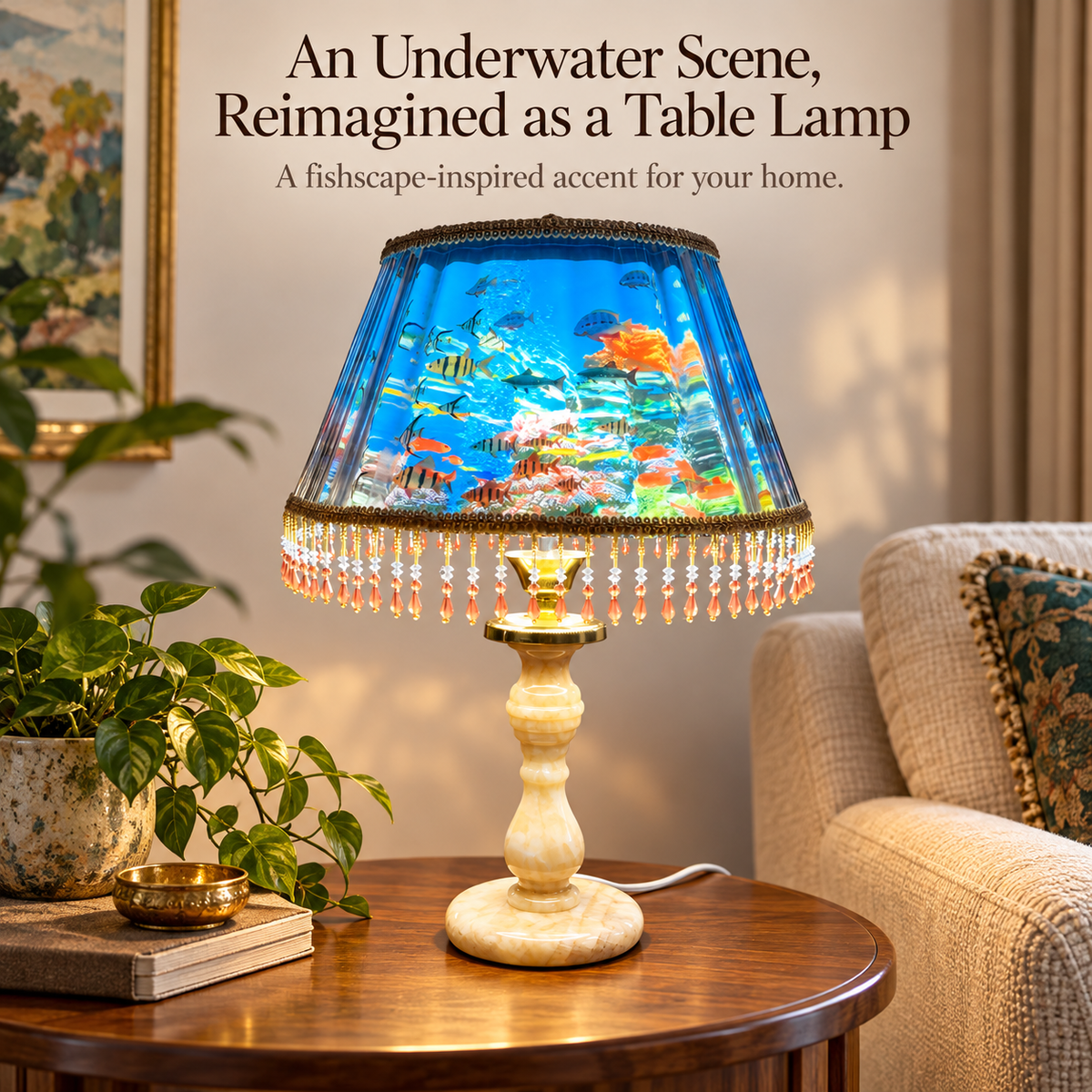 🐠Fishscape Table Lamp – Blue Underwater Scene & Vintage Beaded Fringe