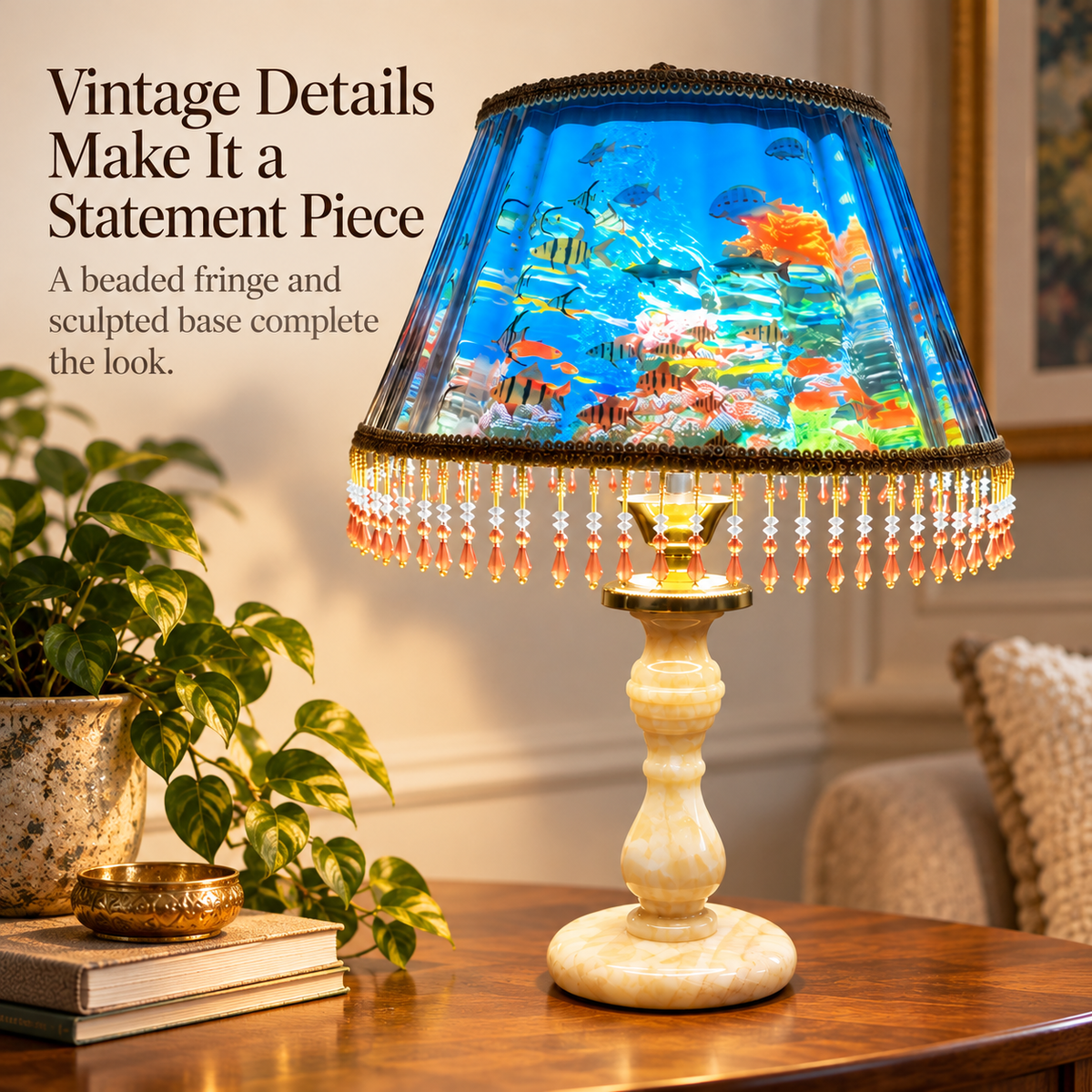 🐠Fishscape Table Lamp – Blue Underwater Scene & Vintage Beaded Fringe