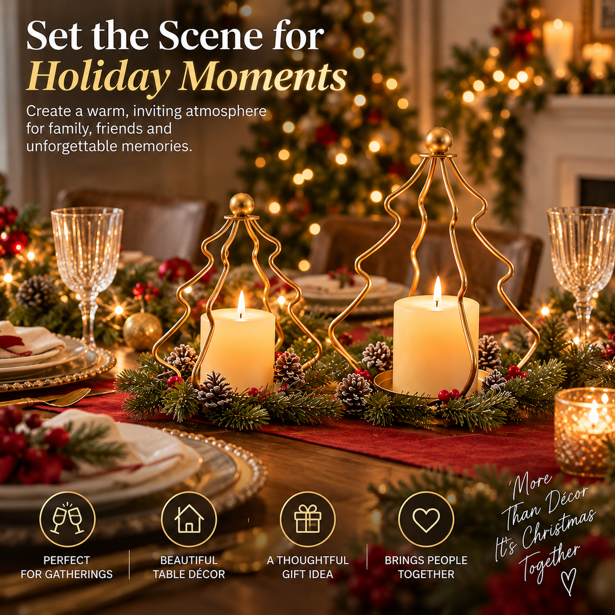 ✨Golden Christmas Tree Candle Holders（Set of 2）– Elegant Holiday Mantel & Table Décor 🎄